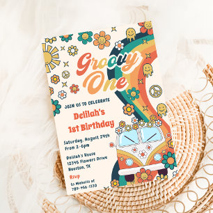 Groovy One Retro Bloemen 1e Verjaardagsfeest Kaart