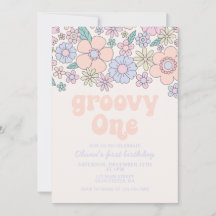 Groovy One Retro Bloemen 1e verjaardagsuitnodiging