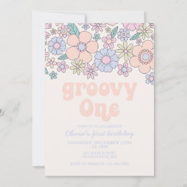 Groovy One Retro Bloemen 1e verjaardagsuitnodiging Kaart