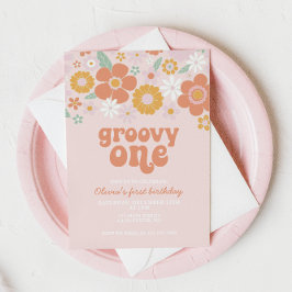 Groovy One Retro Bloemen eerste verjaardag Kaart