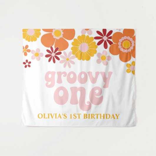 Groovy One Retro Bloemengeboorte Banner Wandkleed (Voorkant (horizontaal))