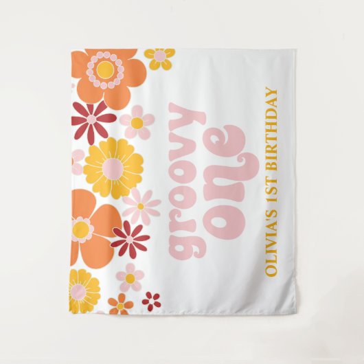 Groovy One Retro Bloemengeboorte Banner Wandkleed (Voorkant)