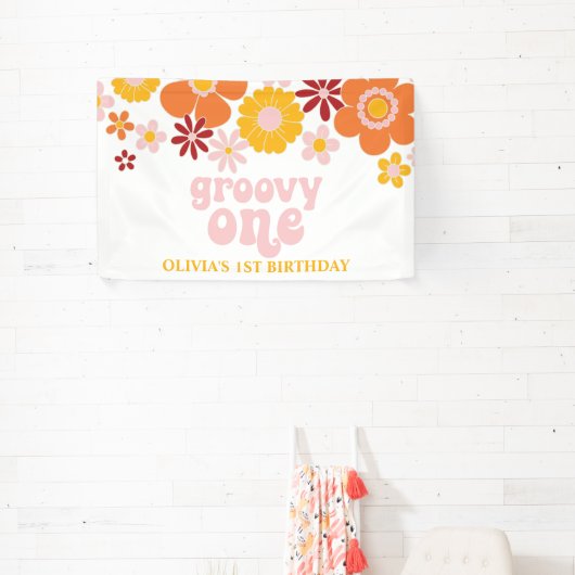 Groovy One Retro Bloemige Verjaardagsbanner Spandoek (Insitu)
