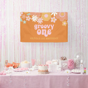 Groovy One Retro Bloemige Verjaardagsbanner Spandoek