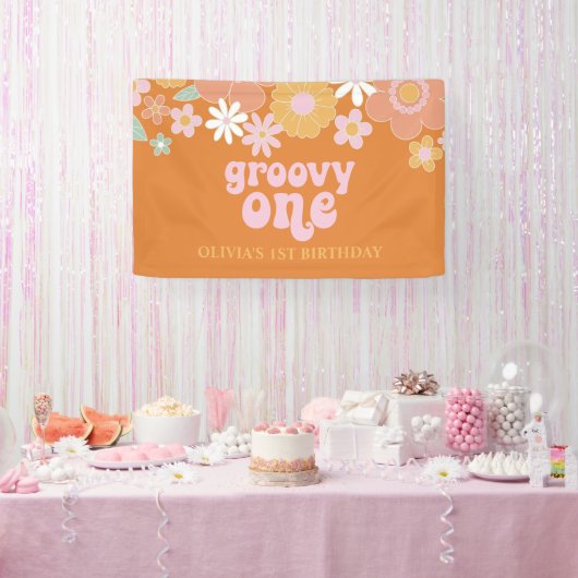Groovy One Retro Bloemige Verjaardagsbanner Spandoek (Feest)