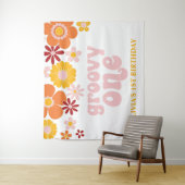 Groovy One Retro Bloemige Verjaardagsbanner Wandkleed (In situ)