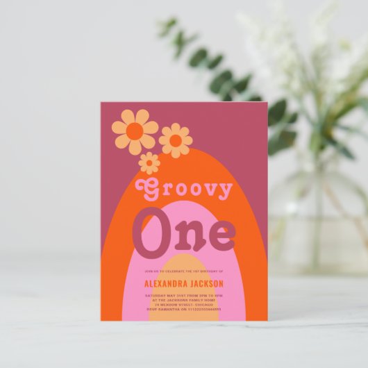 Groovy One Retro Boho 1e verjaardagsfeestje Uitnodiging Briefkaart (Staand voorkant)
