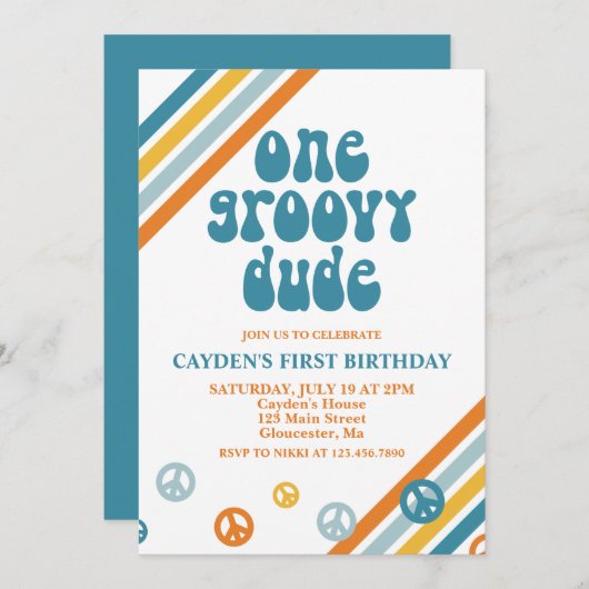 Groovy One Retro Boy First Birthday Invitation Kaart (Voorkant / Achterkant)