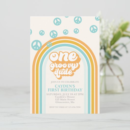 Groovy One Retro Boy First Birthday Invitation Kaart (Staand voorkant)