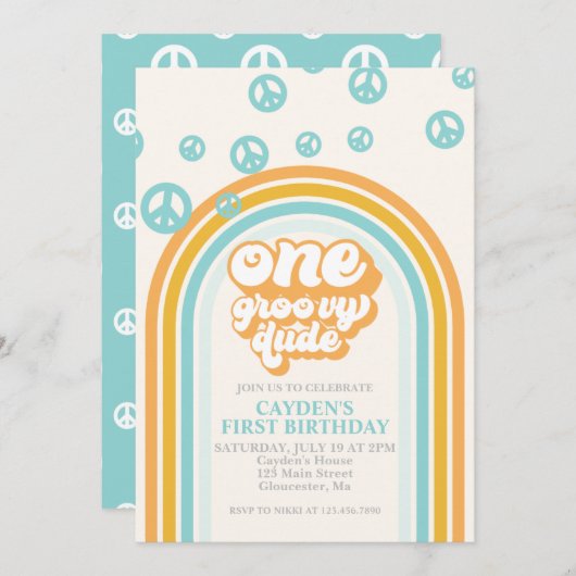 Groovy One Retro Boy First Birthday Invitation Kaart (Voorkant / Achterkant)