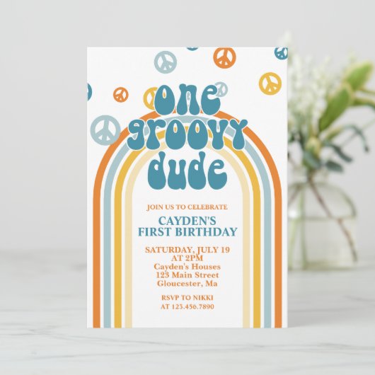 Groovy One Retro Boy First Birthday Invitation Kaart (Staand voorkant)