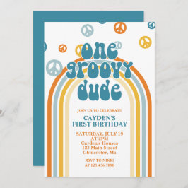 Groovy One Retro Boy First Birthday Invitation Kaart