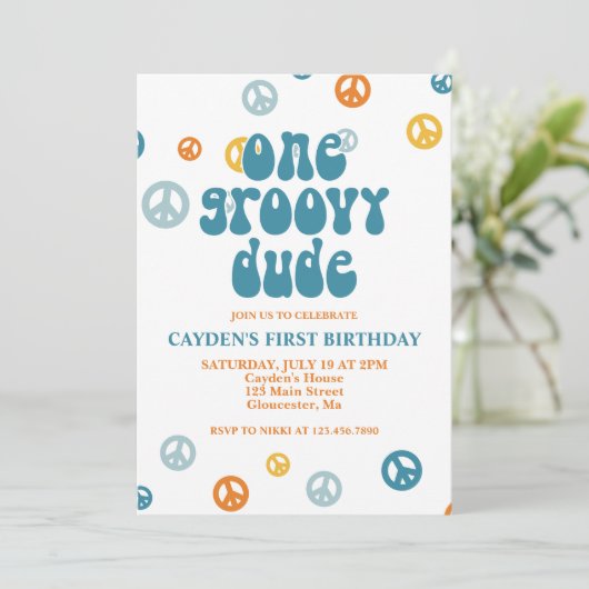 Groovy One Retro Boy First Birthday Invitation Kaart (Staand voorkant)
