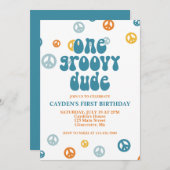 Groovy One Retro Boy First Birthday Invitation Kaart (Voorkant / Achterkant)