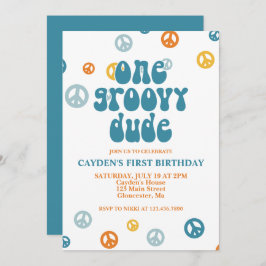 Groovy One Retro Boy First Birthday Invitation Kaart