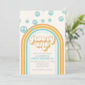 Groovy One Retro Boy First Birthday Invitation Kaart (Staand voorkant)