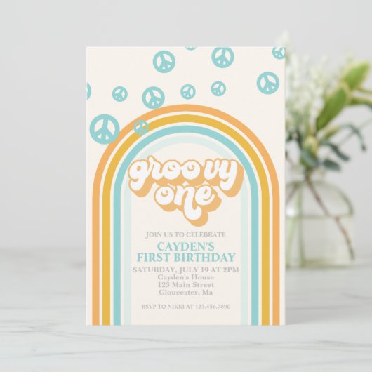 Groovy One Retro Boy First Birthday Invitation Kaart (Staand voorkant)