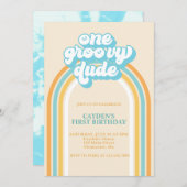 Groovy One Retro Boy First Birthday Invitation Kaart (Voorkant / Achterkant)