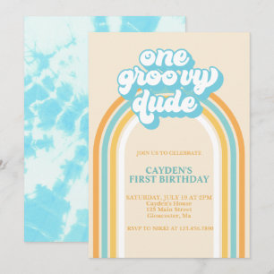 Groovy One Retro Boy First Birthday Invitation Kaart