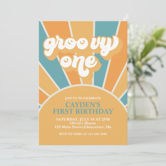 Groovy One Retro Boy First Birthday Kaart (Staand voorkant)