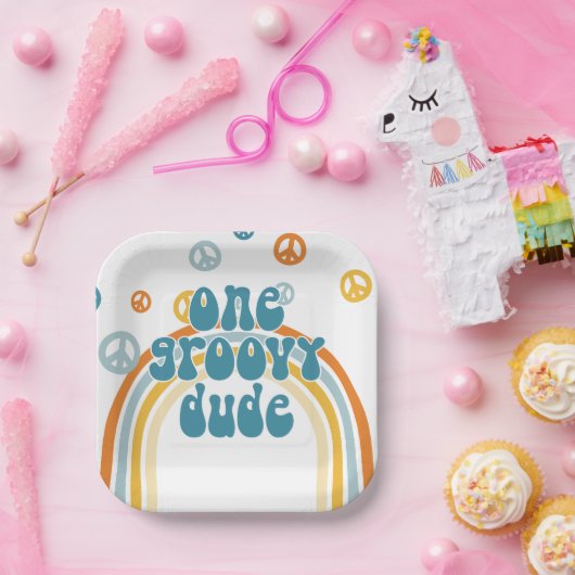 Groovy One Retro Boy First Birthday Papieren Bordje (Feest)