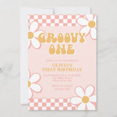 Groovy One Retro Check Pink Daisy Invitation Kaart (Voorkant)