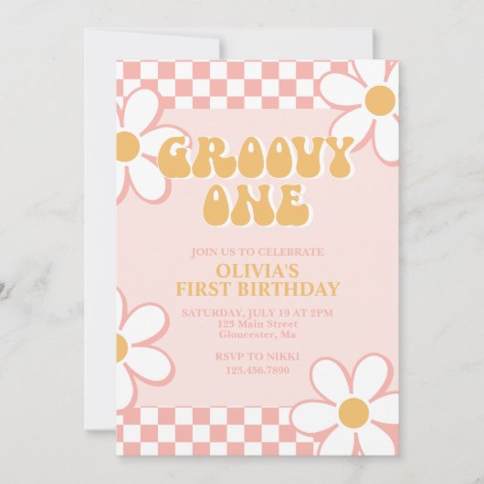 Groovy One Retro Check Pink Daisy Invitation Kaart (Voorkant)