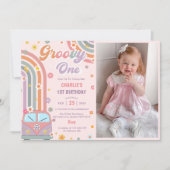 Groovy One Retro Daisy 1e Verjaardagsfeestfoto Kaart (Voorkant)