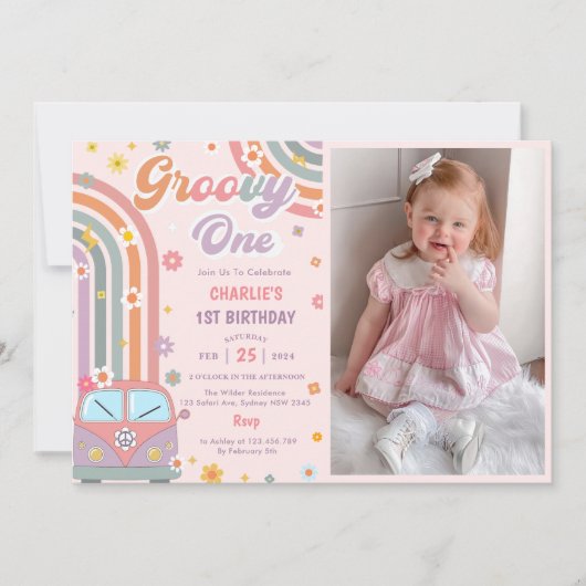 Groovy One Retro Daisy 1e Verjaardagsfeestfoto Kaart (Voorkant)