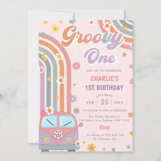 Groovy One Retro Daisy 1e verjaardagsfeestje Kaart (Voorkant)