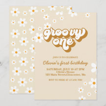 Groovy One Retro Daisy 1e verjaardagsuitnodiging