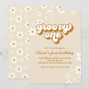 Groovy One Retro Daisy 1e verjaardagsuitnodiging Kaart