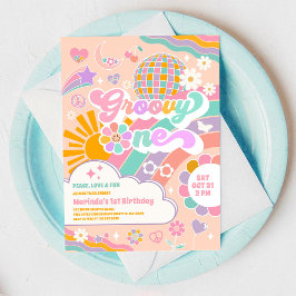 Groovy One Retro Daisy 1st Birthday Invitation Kaart