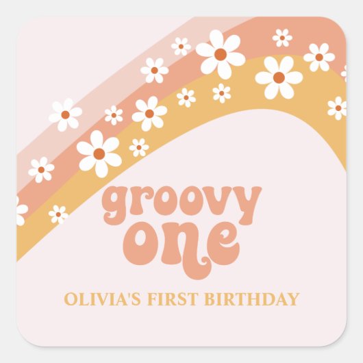 groovy one Retro Daisy Boho Rainbow Square Sticker (Voorkant)