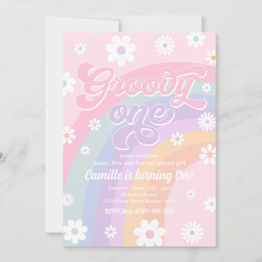 Groovy One Retro Daisy Pastel Rainbow Birthday Kaart (Voorkant)