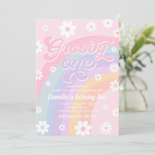 Groovy One Retro Daisy Pastel Rainbow Birthday Kaart (Staand voorkant)