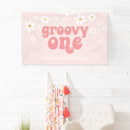 Groovy One Retro Daisy Pink, eerste verjaardag ban Spandoek (Insitu)