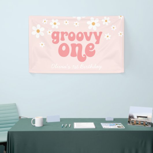 Groovy One Retro Daisy Pink, eerste verjaardag ban Spandoek (Beurs)