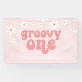 Groovy One Retro Daisy Pink, eerste verjaardag ban Spandoek (Horizontaal)