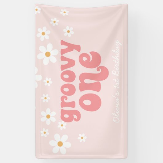 Groovy One Retro Daisy Pink, eerste verjaardag ban Spandoek (Verticaal)