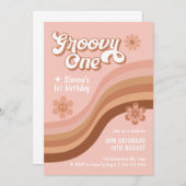 Groovy One Retro Daisy Pink Girl 1ste verjaardag Kaart (Voorkant / Achterkant)