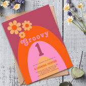 Groovy One Retro Daisy Rainbow 1e Verjaardagsfeest Uitnodiging Briefkaart