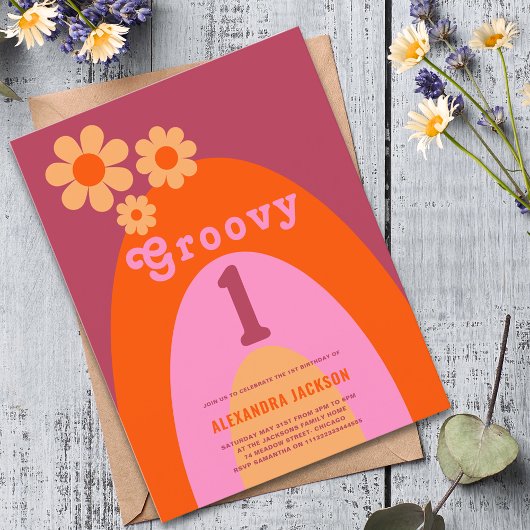 Groovy One Retro Daisy Rainbow 1e Verjaardagsfeest Uitnodiging Briefkaart