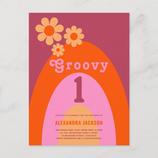 Groovy One Retro Daisy Rainbow 1e Verjaardagsfeest Uitnodiging Briefkaart (Voorkant)