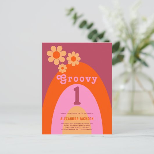Groovy One Retro Daisy Rainbow 1e Verjaardagsfeest Uitnodiging Briefkaart (Staand voorkant)