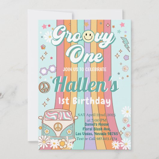 Groovy One Retro Daisy Rainbow First Birthday Kaart (Voorkant)