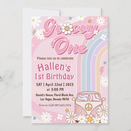 Groovy One Retro Daisy Rainbow First Birthday Kaart (Voorkant)