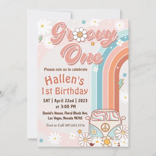Groovy One Retro Daisy Rainbow First Birthday Kaart (Voorkant)