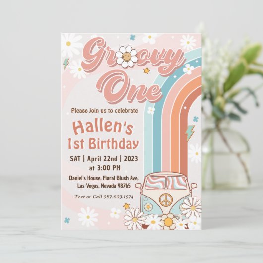 Groovy One Retro Daisy Rainbow First Birthday Kaart (Staand voorkant)