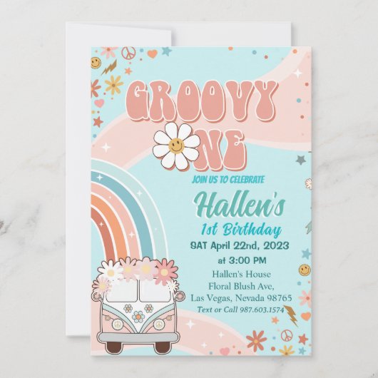 Groovy One Retro Daisy Rainbow First Birthday Kaart (Voorkant)